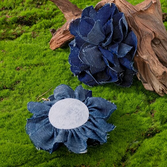 Bohemian Handmade Denim Fabric Flower Dangle Earrings, Blue - Picture 4 of 5